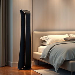 A futuristic floor-standing speaker designed specifically for a modern bedroom setting