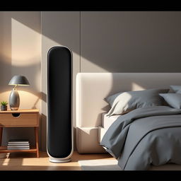 A futuristic floor-standing speaker designed specifically for a modern bedroom setting