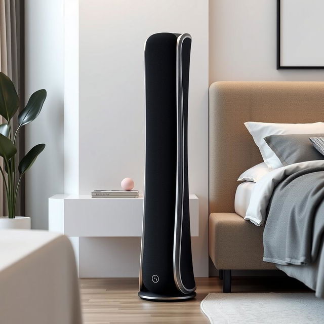 A futuristic floor-standing speaker designed specifically for a modern bedroom setting