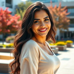 A stunning, voluptuous Spanish female university student radiating confidence and charm