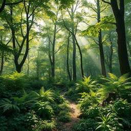 An ultra-realistic soft forest with lush greenery, soft dappled light filtering through the trees, creating a tranquil and enchanting atmosphere