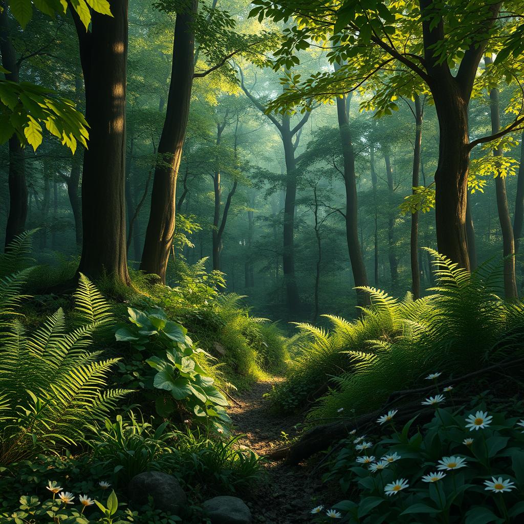 An ultra-realistic soft forest with lush greenery, soft dappled light filtering through the trees, creating a tranquil and enchanting atmosphere