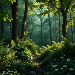 An ultra-realistic soft forest with lush greenery, soft dappled light filtering through the trees, creating a tranquil and enchanting atmosphere