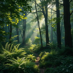 An ultra-realistic soft forest with lush greenery, soft dappled light filtering through the trees, creating a tranquil and enchanting atmosphere