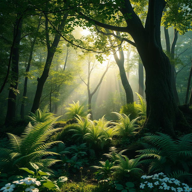 An ultra-realistic soft forest with lush greenery, soft dappled light filtering through the trees, creating a tranquil and enchanting atmosphere