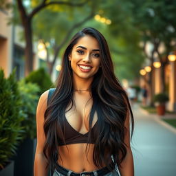 A gorgeous, voluptuous Spanish female university student exuding confidence and playfulness