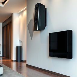 A futuristic floor-standing speaker mounted on a wall, designed with a sleek and modern aesthetic