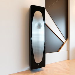 A futuristic floor-standing speaker mounted on a wall, designed with a sleek and modern aesthetic