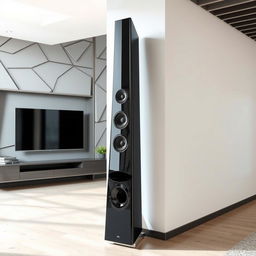 A futuristic floor-standing speaker mounted on a wall, designed with a sleek and modern aesthetic