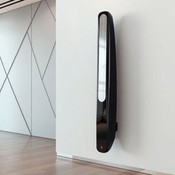 A futuristic floor-standing speaker mounted on a wall, designed with a sleek and modern aesthetic