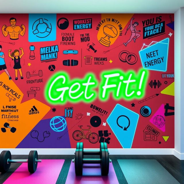 A dynamic gym wall design featuring a vibrant and inspiring mural that showcases fitness-related themes such as strength, movement, and energy