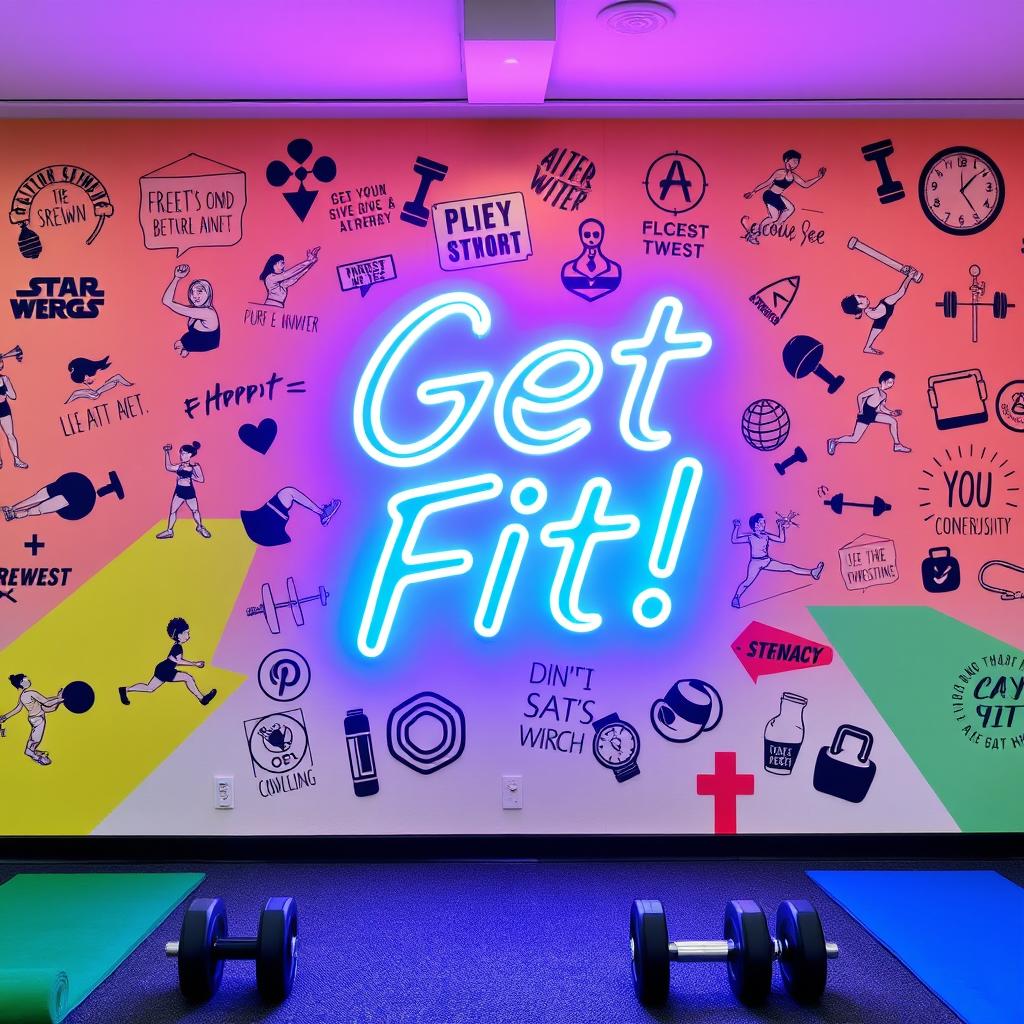 A dynamic gym wall design featuring a vibrant and inspiring mural that showcases fitness-related themes such as strength, movement, and energy