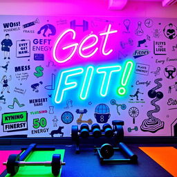 A dynamic gym wall design featuring a vibrant and inspiring mural that showcases fitness-related themes such as strength, movement, and energy