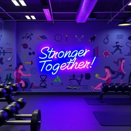 An eye-catching gym wall design featuring an energetic mural that illustrates various fitness activities such as weightlifting, running, and yoga