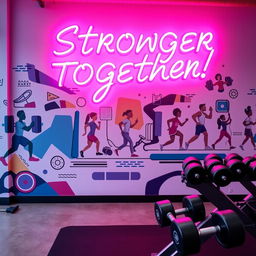 An eye-catching gym wall design featuring an energetic mural that illustrates various fitness activities such as weightlifting, running, and yoga