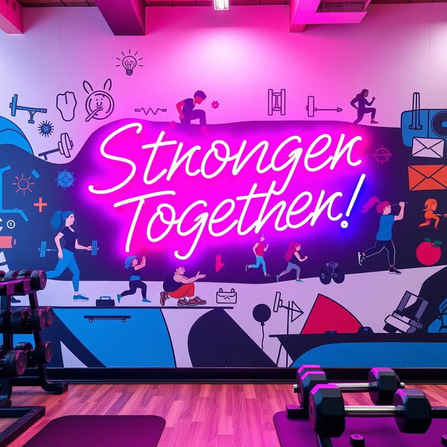 An eye-catching gym wall design featuring an energetic mural that illustrates various fitness activities such as weightlifting, running, and yoga