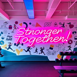 An eye-catching gym wall design featuring an energetic mural that illustrates various fitness activities such as weightlifting, running, and yoga