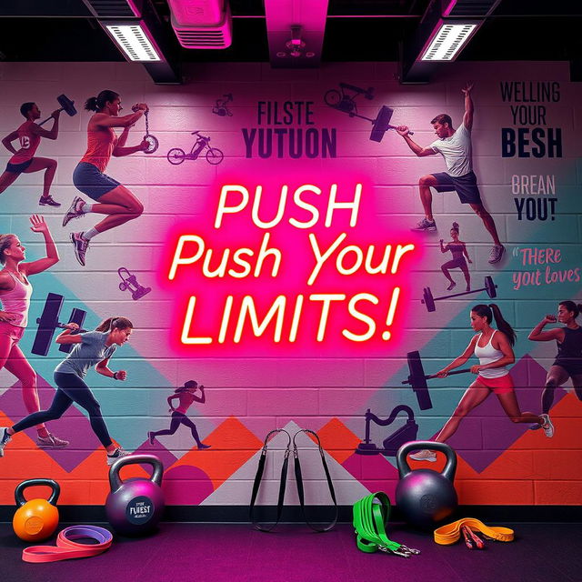 A vibrant gym wall design showcasing a striking mural that embodies the spirit of fitness and wellness