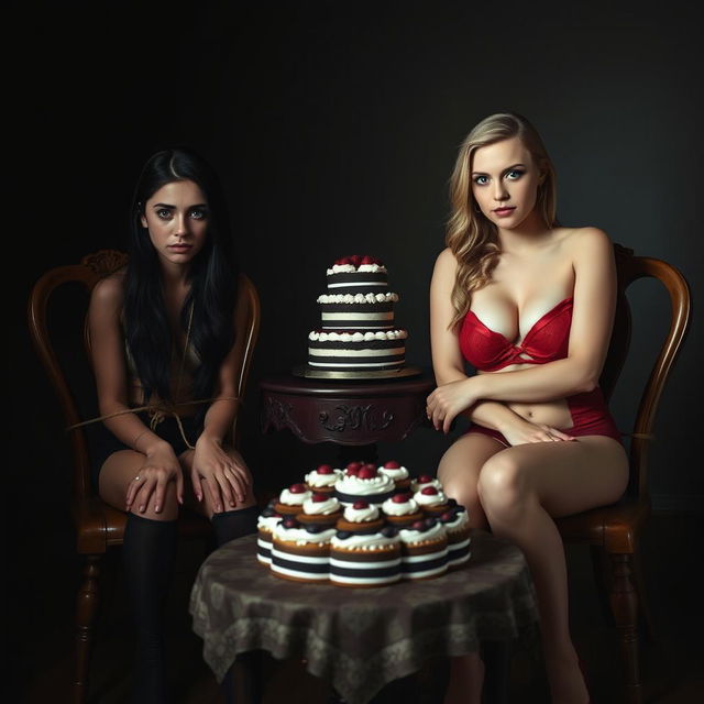 In a dimly lit room, two beautiful young women are each tied to separate vintage wooden chairs along the back wall