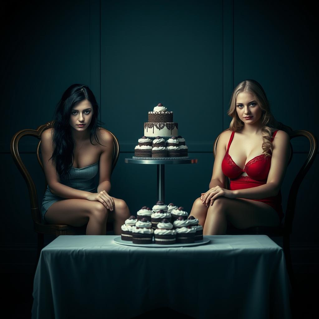 In a dimly lit room, two beautiful young women are each tied to separate vintage wooden chairs along the back wall