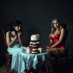 In a dimly lit room, two beautiful young women are each tied to separate vintage wooden chairs along the back wall