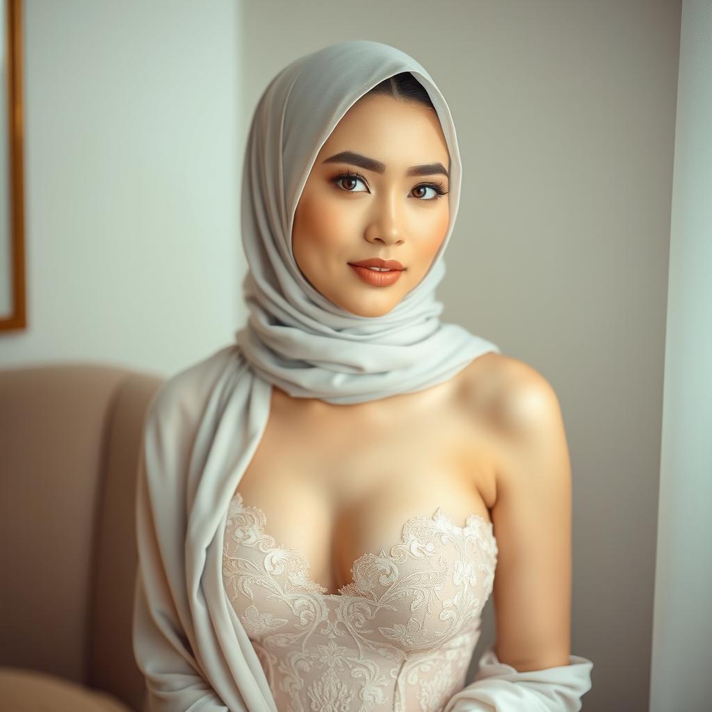 A beautiful woman dressed in elegant undergarments and a stylish hijab, showcasing a blend of modern fashion and traditional elements