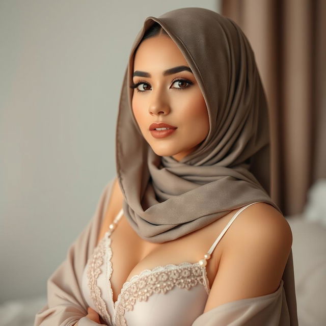 A beautiful woman dressed in elegant undergarments and a stylish hijab, showcasing a blend of modern fashion and traditional elements