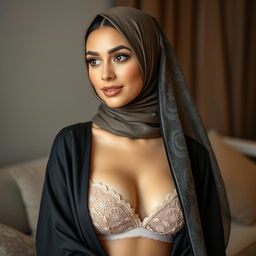 A beautiful woman dressed in elegant undergarments and a stylish hijab, showcasing a blend of modern fashion and traditional elements