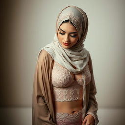 A beautiful woman dressed in elegant undergarments and a stylish hijab, looking down thoughtfully