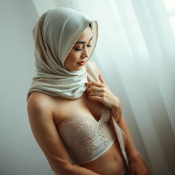 A beautiful woman dressed in elegant undergarments and a stylish hijab, looking down thoughtfully