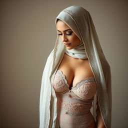 A beautiful woman dressed in elegant undergarments and a stylish hijab, looking down thoughtfully