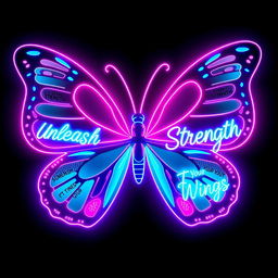 A stunning neon butterfly design tailored for a women's gym, featuring a large, intricately detailed butterfly rendered in vibrant neon colors such as hot pink, electric blue, and bright purple
