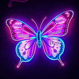 A stunning neon butterfly design tailored for a women's gym, featuring a large, intricately detailed butterfly rendered in vibrant neon colors such as hot pink, electric blue, and bright purple
