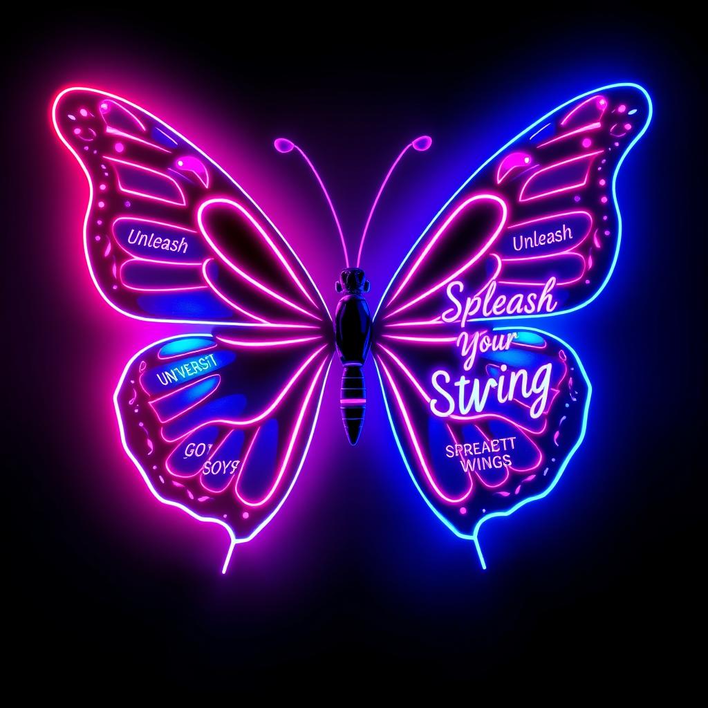 A stunning neon butterfly design tailored for a women's gym, featuring a large, intricately detailed butterfly rendered in vibrant neon colors such as hot pink, electric blue, and bright purple