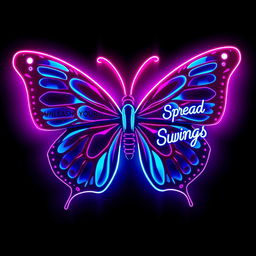 A stunning neon butterfly design tailored for a women's gym, featuring a large, intricately detailed butterfly rendered in vibrant neon colors such as hot pink, electric blue, and bright purple