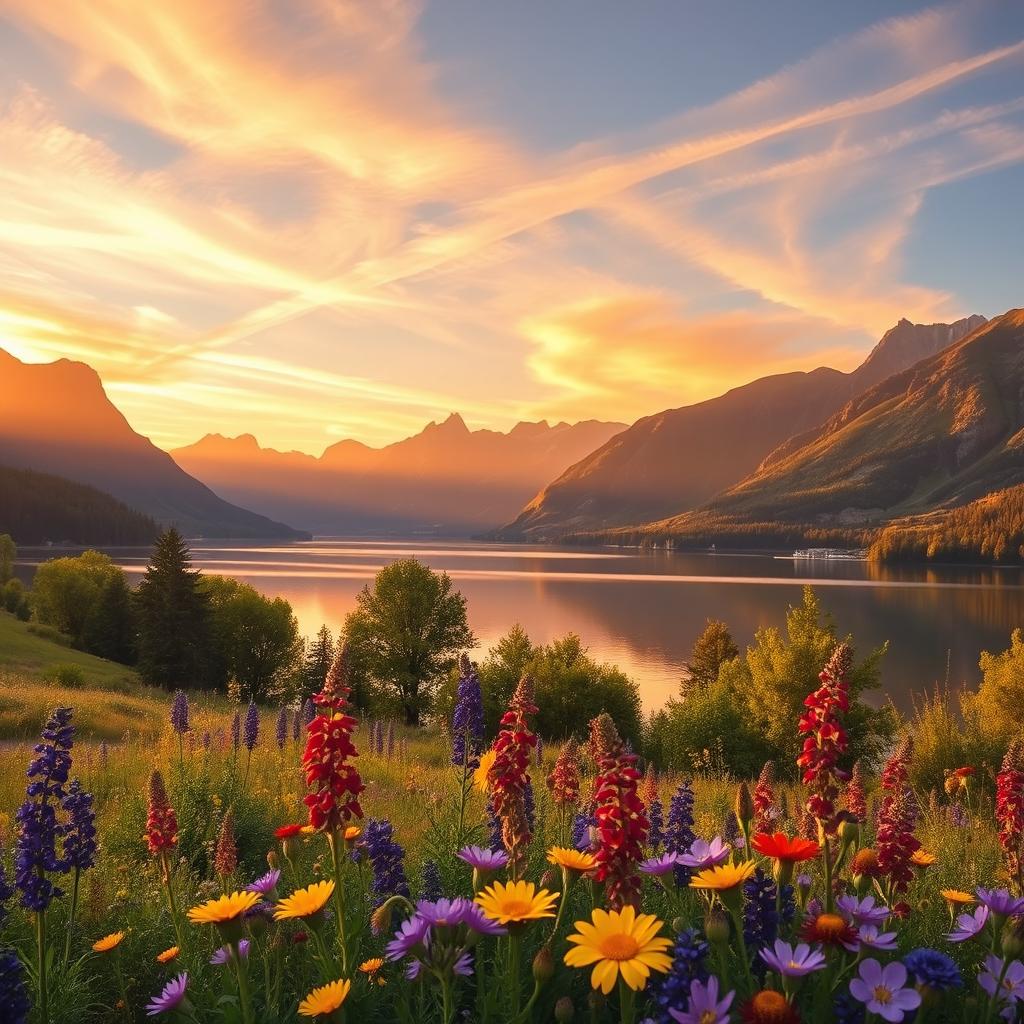 A serene landscape featuring a tranquil lake surrounded by majestic mountains