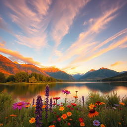 A serene landscape featuring a tranquil lake surrounded by majestic mountains