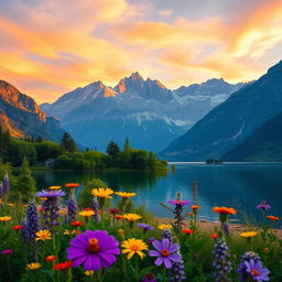 A serene landscape featuring a tranquil lake surrounded by majestic mountains