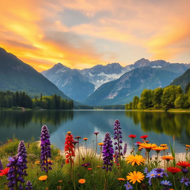 A serene landscape featuring a tranquil lake surrounded by majestic mountains