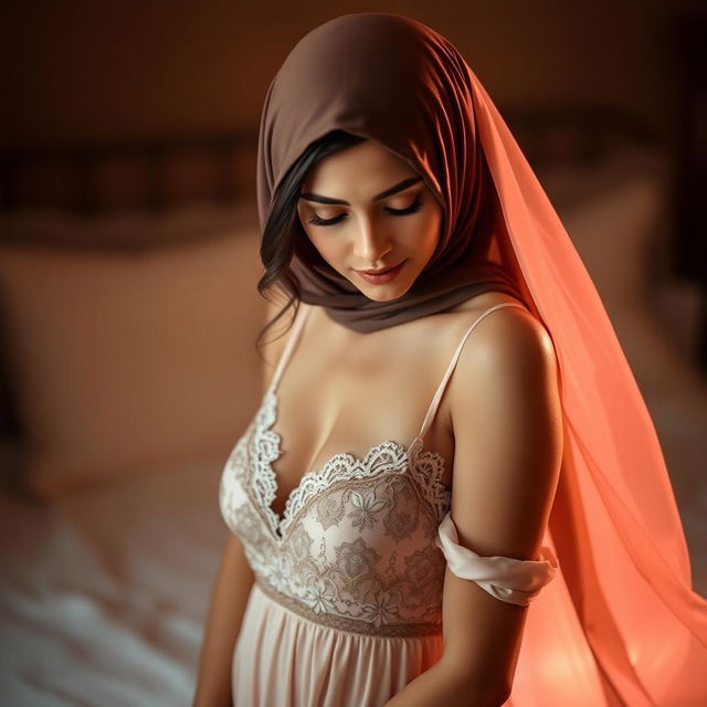 A stunning woman wearing a sexy night gown that elegantly flows around her, complemented by a stylish hijab