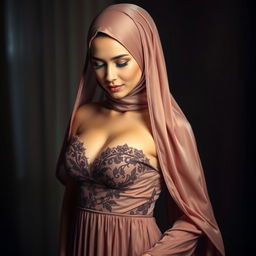 A stunning woman wearing a sexy night gown that elegantly flows around her, complemented by a stylish hijab