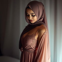 A stunning woman wearing a sexy night gown that elegantly flows around her, complemented by a stylish hijab