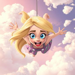 A beautiful blonde cartoon woman with bright blue eyes and vibrant red lips, falling from the sky with a scared expression on her face