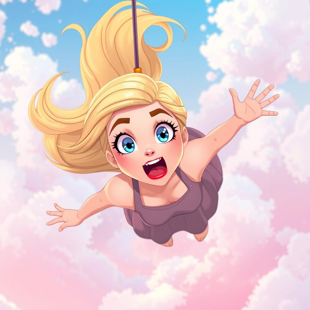 A beautiful blonde cartoon woman with bright blue eyes and vibrant red lips, falling from the sky with a scared expression on her face