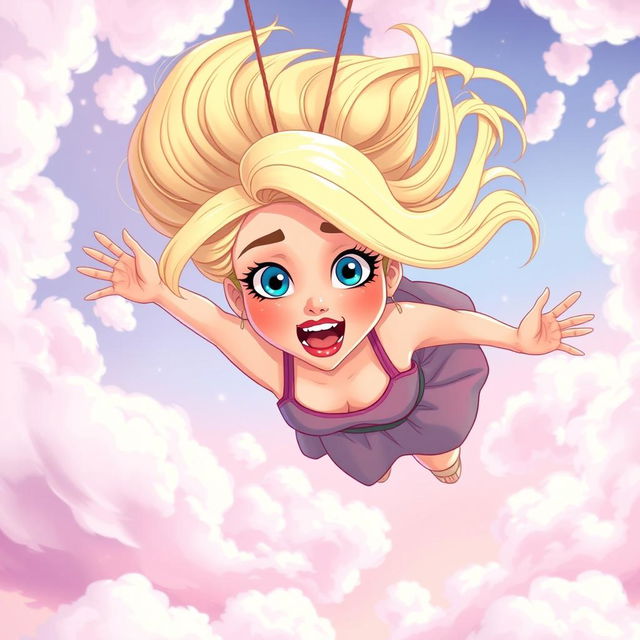 A beautiful blonde cartoon woman with bright blue eyes and vibrant red lips, falling from the sky with a scared expression on her face