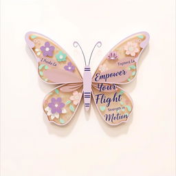 A creative butterfly sign design specifically tailored for a women's fitness club, featuring an elegant butterfly silhouette composed of floral and geometric patterns in soft pastels like lavender, mint green, and blush pink