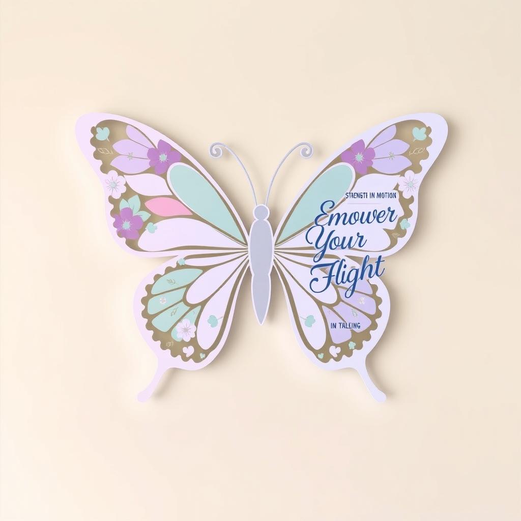 A creative butterfly sign design specifically tailored for a women's fitness club, featuring an elegant butterfly silhouette composed of floral and geometric patterns in soft pastels like lavender, mint green, and blush pink