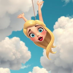 A beautiful blonde cartoon woman with striking blue eyes and vibrant red lips, gracefully falling from the sky