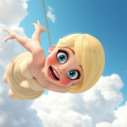 A beautiful blonde cartoon woman with striking blue eyes and vibrant red lips, gracefully falling from the sky