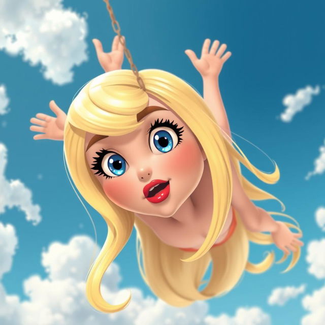 A beautiful blonde cartoon woman with striking blue eyes and vibrant red lips, gracefully falling from the sky